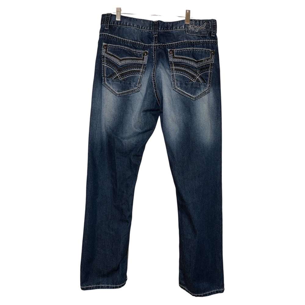 Royal Premium Y2K Men's Embroidered Jeans Whiskered Dark Blue‎ Wash 36x32